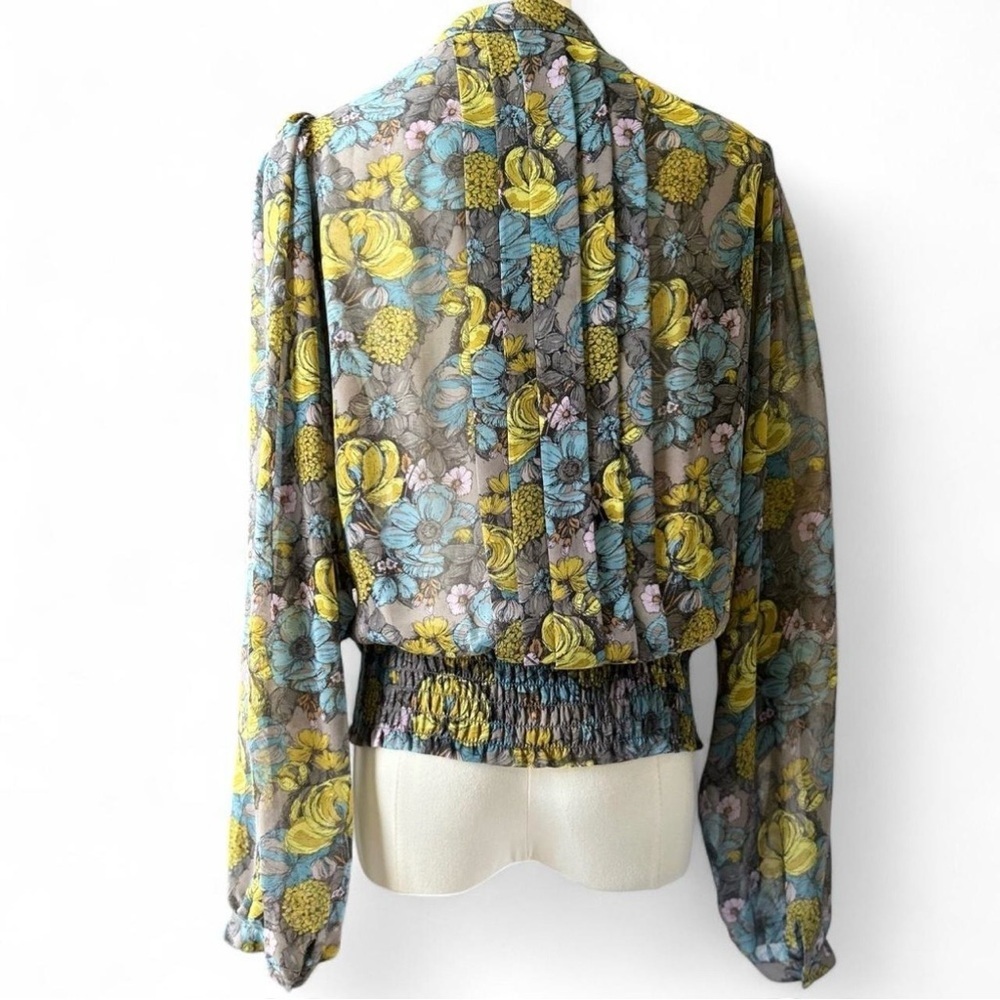 Hinge Sheer Floral Pleated Blouse Batwing Long-sleeved Button Down Size Small - Picture 3 of 7